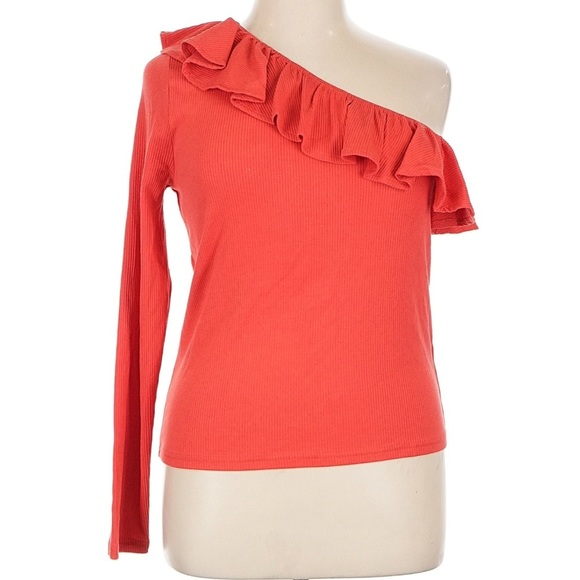 J.Crew One Shoulder Ruffle Top Ribbed Red Orange XL NWT Summer Date Night - Picture 2 of 7